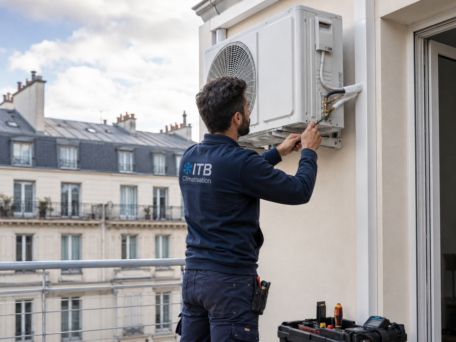 Installation d'une unit&eacute; ext&eacute;rieure de climatisation sur balcon et fa&ccedil;ade