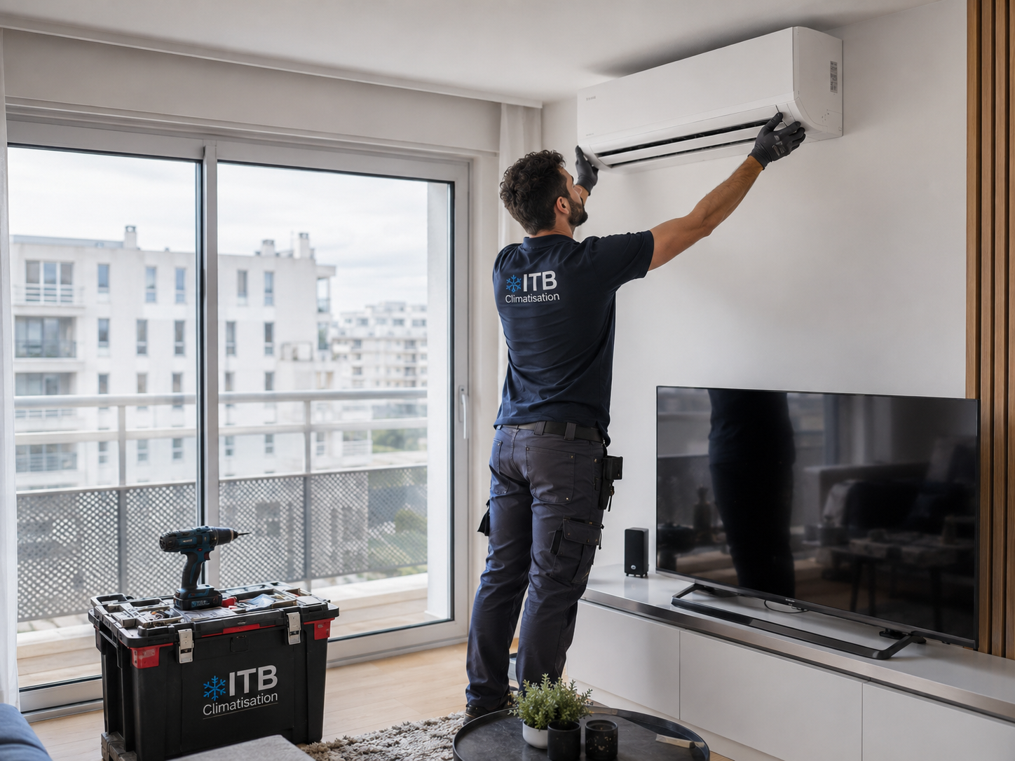 Installation de climatisation murale dans un salon moderne en &Icirc;le-de-France